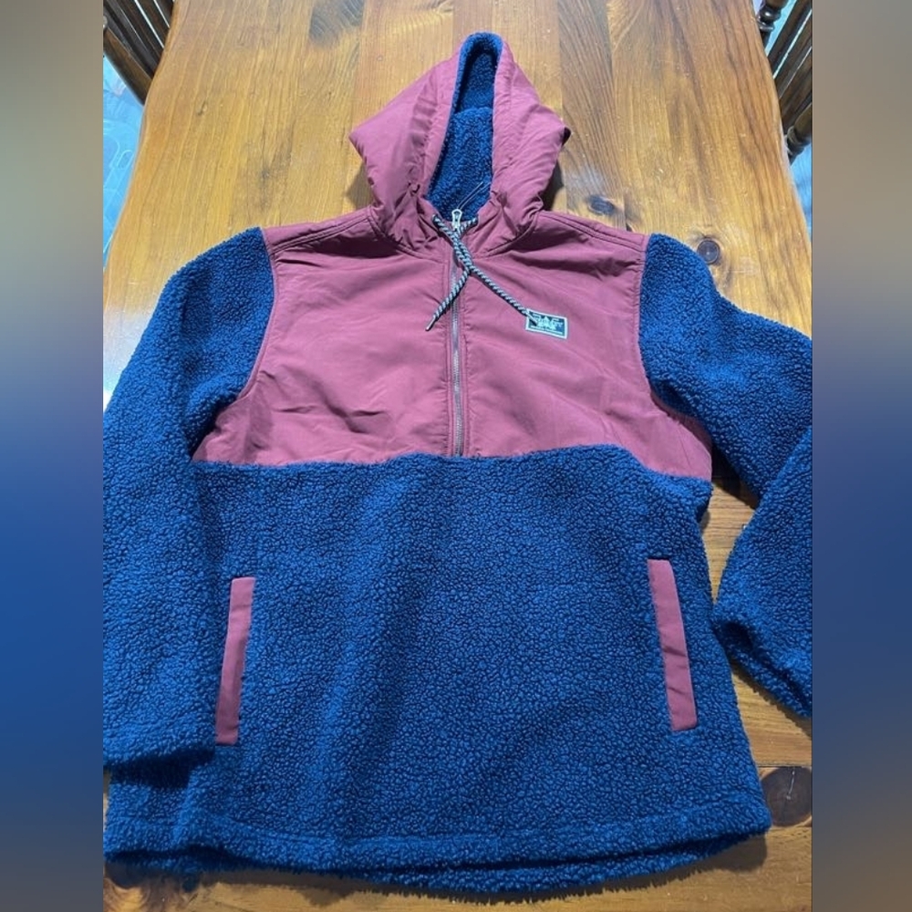 Hurley Mens Maroon Navy Teddy Sherpa 1/4 Zip Pullover Hooded Jacket Size Large - Picture 1 of 4